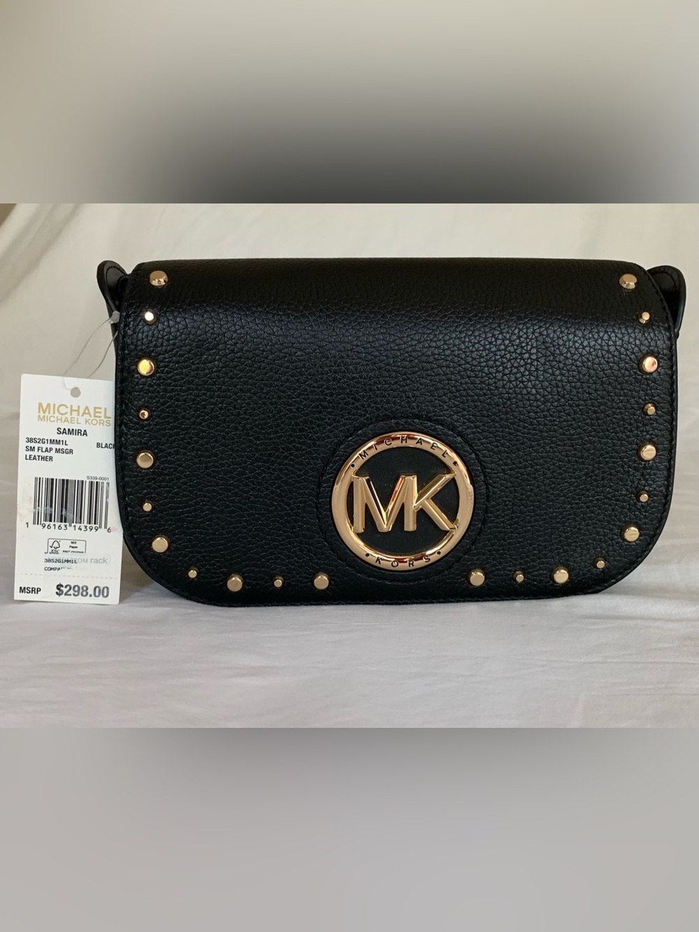 Michael Kors Black Pebbled Leather Studded Samira Crossbody with Gold MK Emblem